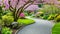 A winding pathway cuts through a park filled with vibrant green vegetation, A winding pathway through a tranquil Japanese garden