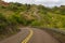 A winding paved road leading up a steep hill on Kauai
