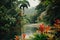 A winding river cuts through a dense green forest, surrounded by lush vegetation, Vivid colors of a tropical rainforest on a