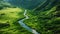 A winding river cuts through a dense green valley, carving a path through the lush landscape, A winding river flowing through a