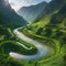 A winding river cutting through a lush green valley, with mountains in the background5