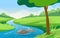 Winding River Mountain Forest Beautiful Rural Nature Landscape Illustration