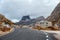 Winding road in the Dolomites to the Lagazuoi Mountains in the background of the beautiful Pelmo, Averau and Lastoi de Formin