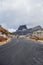 Winding road in the Dolomites to the Lagazuoi Mountains in the background of the beautiful Pelmo, Averau and Lastoi de Formin