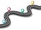 Winding road map for journey. Location pins. Transport speedway. Asphalt highway track. Success or progress curve way