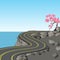 A winding road with markings among rocks and stones. Blossoming cherry tree. Sakura. View in perspective. illustration
