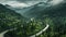 Winding road in the mountains with clouds and fog in the background, A birds eye view of a winding asphalt road through, AI