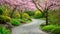 A Winding Road With Trees and Pink Flowers, A winding pathway through a tranquil Japanese garden with cherry blossoms in bloom, AI
