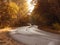 Winding rual road inside colorful autumn forest with black car