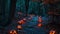 A winding trail in the woods adorned with intricately carved pumpkins, creating a magical atmosphere, Spooky forest pathway lined