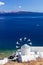 Windmill and Aegean sea from Therasia island, Santorini, Greece