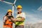 Windmill engineers inspection and progress check wind turbine