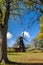 The windmill, framed by trees