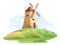 Windmill. Garden and rolling hills. Rural farm landscape with summer clouds. Cute funny cartoon design illustration