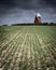 A windmill on a hill surrounded by newly planted crops