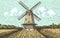 Windmill landscape in vintage, retro hand drawn or engraved style, can be use for bakery logo, wheat field with old