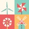 Windmill linear flat icons. Wind energy cartoon vector illustration