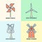 Windmill linear logo set. Eco friendly wind force sustainable energy signs