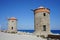 Windmill pier at the commercial harbor in Rhodes city. Rhodes, Greece