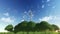 Windmill power station blades spinning on green hill covered with trees.