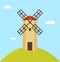 Windmill on Round Hill Color Vector Illustration