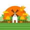 Windmill rural barn, organic food, harvest, farmer rye field, crop, sun, flat vector illustration. Design banner