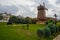 Windmill with sky as background. Sculpture of don Quixote and Sancho Panza. Selale Park, Eskisehir, Turkey