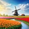 Windmill and tulips in Digital Painting
