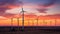Windmill turbines in golden sunset, harnessing nature\\\'s renewable green energy