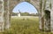 Windmill in a wheat field through a archway.