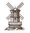 Windmill, wooden old mill sketch. Vintage vector illustration