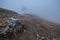 Windmills in the fog in Consuegra town in Spain