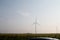 Windmills in the fog near a field of sunflowers. Early morning. See the movement of the blades, as a strong wind is blowing. Wind