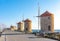 Windmills and Fort of St. Nicholas in Mandraki harbor, Rhodes island, Greece