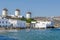 Windmills of the greek town Mykonos Chora