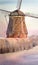 Windmills in Kinderdijk, hand painted watercolor illustration, picturesque landscape, Netherlands landmarks