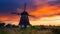 Windmills in the Netherlands. Historic buildings. Agriculture. Summer landscape during sunset.