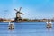 Windmills panorama in Zaanse Schans, traditional village, Netherlands, North Holland