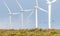 Windmills in a row with birds flying