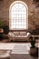 Window above grey wooden sofa in spacious loft interior in wabi sabi style with plant and carpet