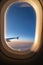 The window of the airplane. A view of porthole window on board an airbus for your travel concept