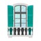 Window and Balcony Exterior with Marble Baluster Pillars, Wooden Green Shutters. Architecture Retro Decor, Construction