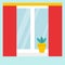 A window with the blinds or curtains. White window frames, red curtains gathered with yellow decorations. Blue glass