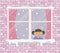 Window on a brick wall on a snowy day. A little girl in the room is surprised, looking at the snow