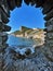 Window on Byron bay and castle, Liguria, italy, Portovenere