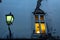 Window with a crack and street lamp in the evening in one of the small streets of Bratislava