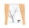 Window with curtains. Rainy cloudy day. Passers hide under umbrellas. Vector illustration.