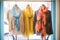 window display of lightweight spring jackets, colorful scarves on racks