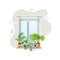 Window with exotic potted plants