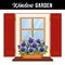 Window Flower Garden, blue sky Pansies, Red Shutters